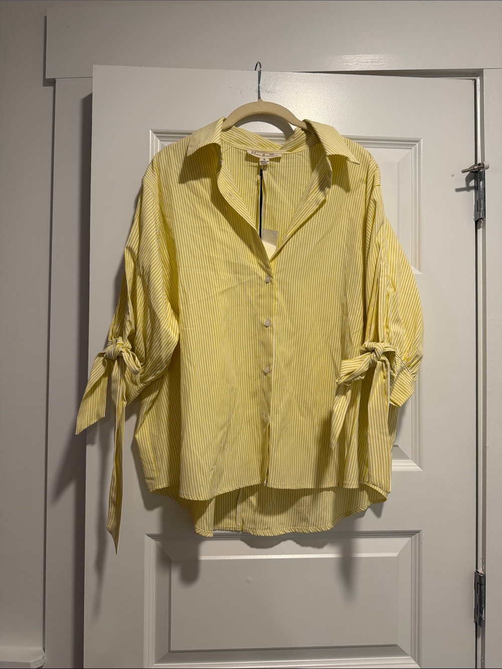 Vine & Love Yellow Striped Button-Down Shirt with Tie Sleeves